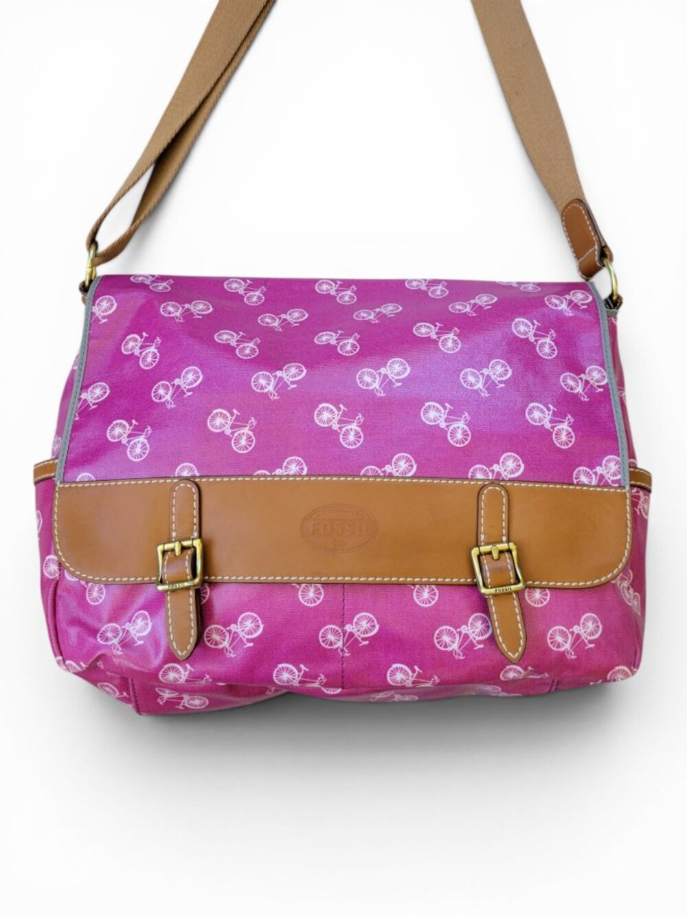 FOSSIL Keyper Pink Bicycle Print Messenger Crossbody Bag Coated Canvas